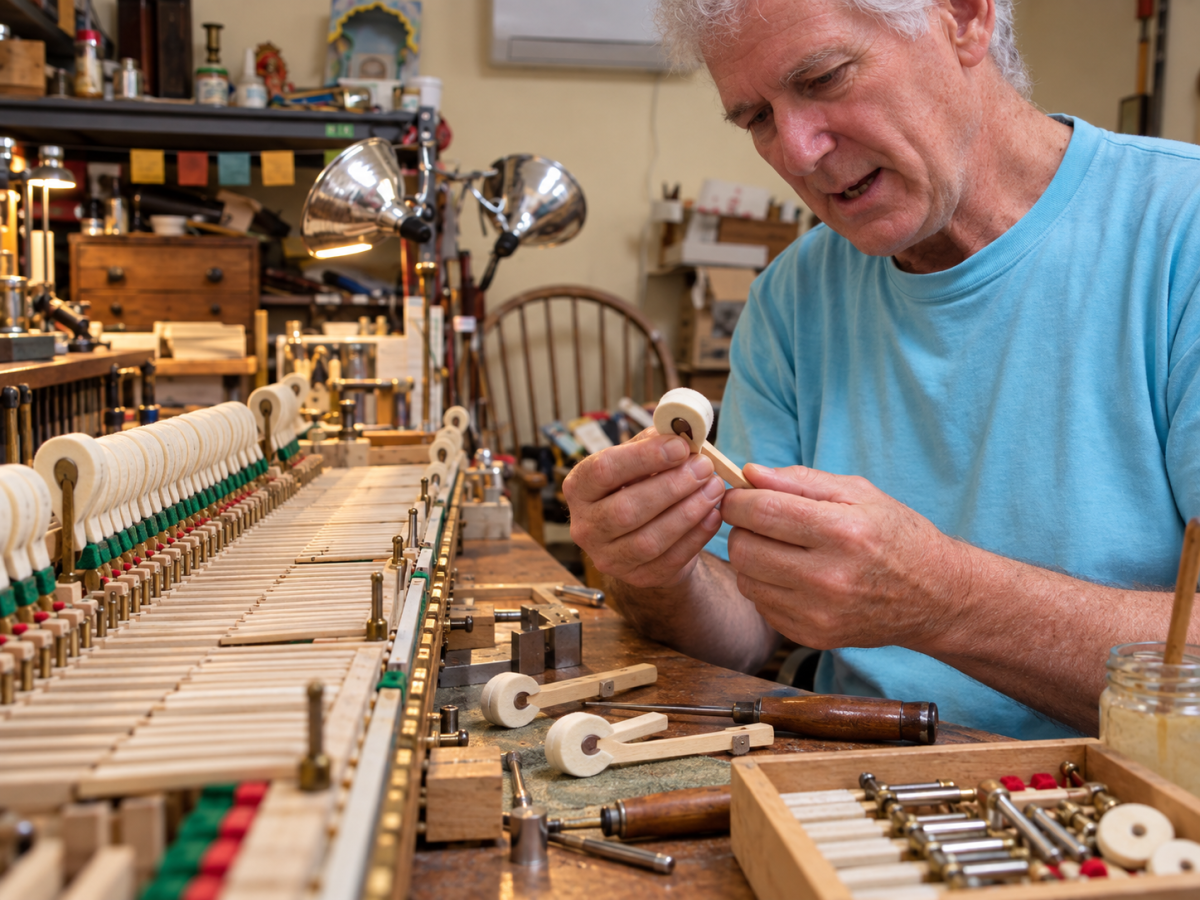 Jeremy Duckles works on piano action components during the hammer replacement and restoration process.