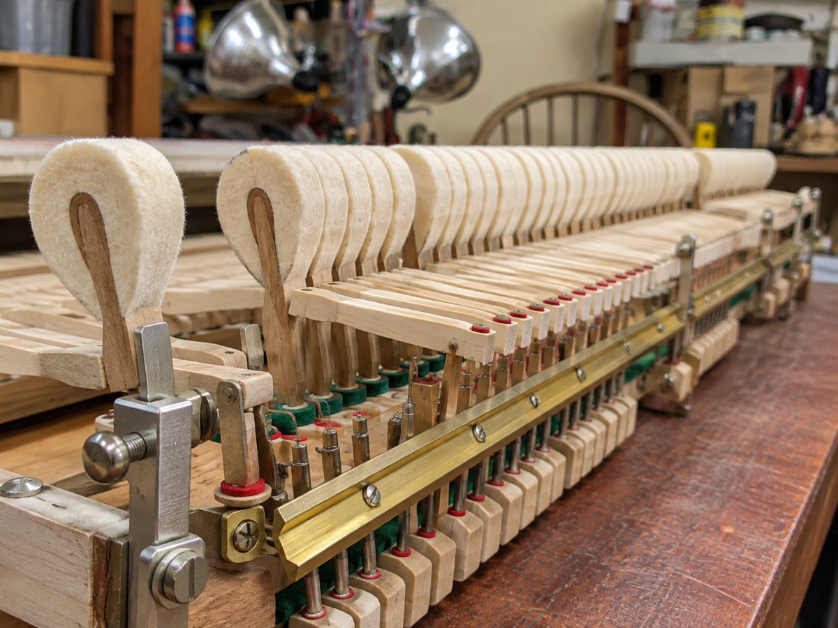 Close-up of piano hammers and action parts during restoration at Supreme Pianos.